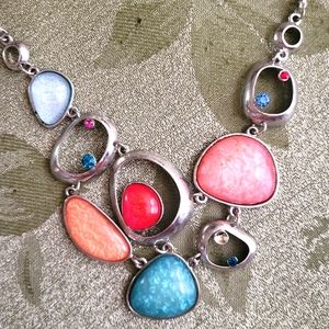 Multi Colored Semi-Precious Stones Necklace set in Silver plate.